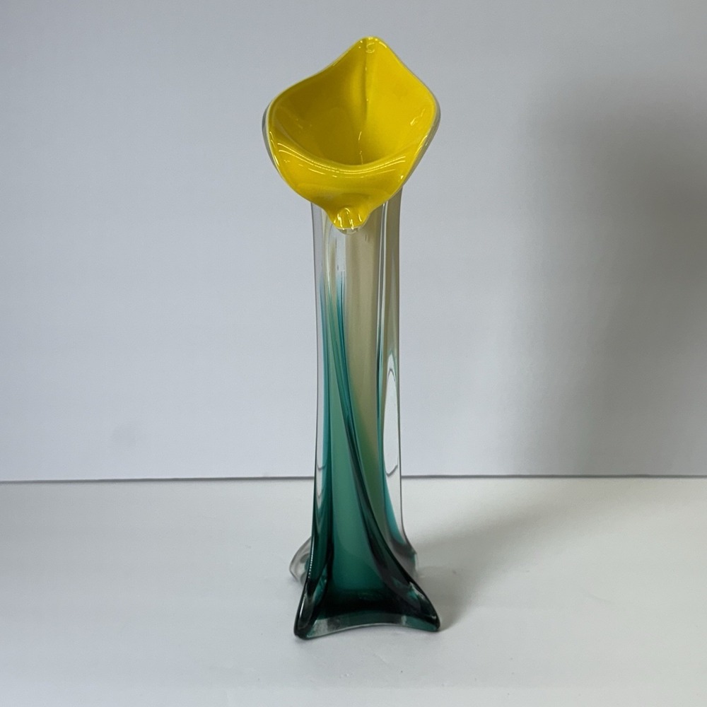 Hand Blown Art Glass Calla Lily Vase Yellow Green Mid Century Modern